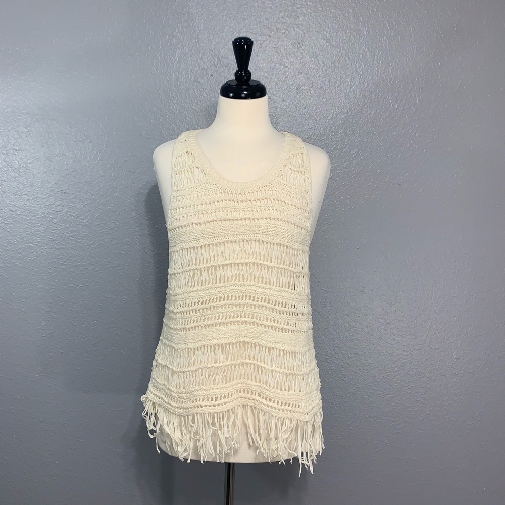 AEO Cream Crochet Fringe Tank L
